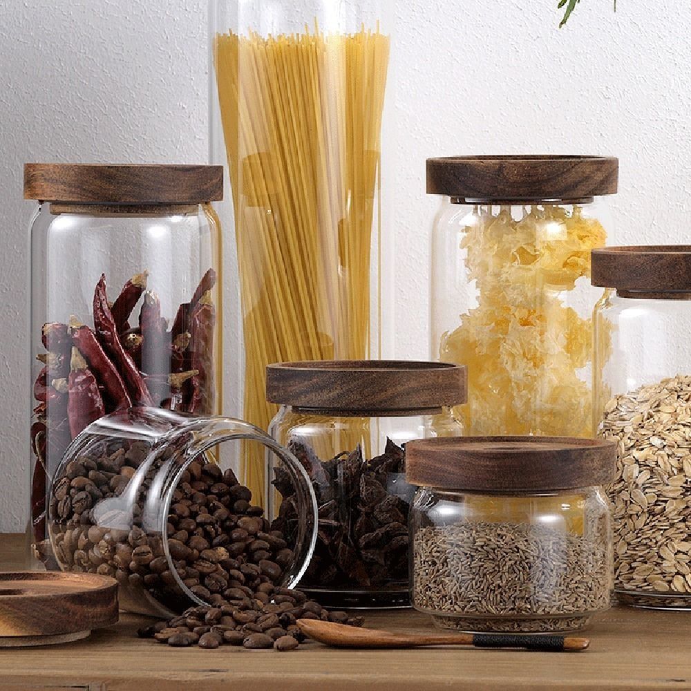 Food Storage Glass Round - Multi-Use Wooden Lid Glass Food Storage