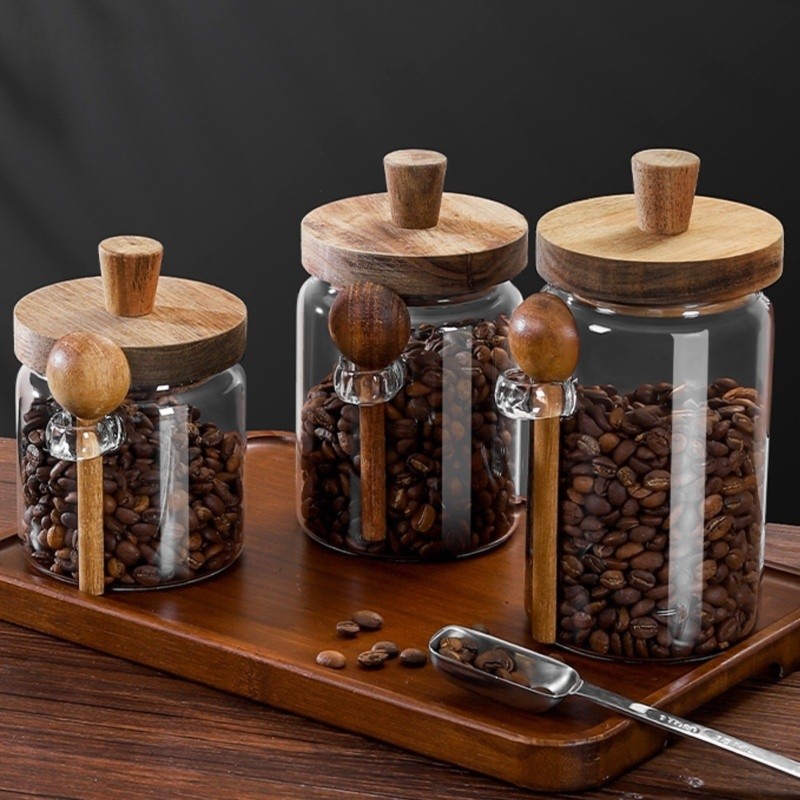 Food Storage Glass Set - ABJI-Glass Jar With Wooden Lids And
