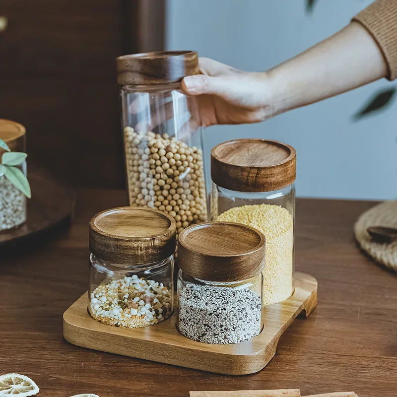 Food Storage Glass Set - Wood Lid Orgnizer Glass Airtight Canister